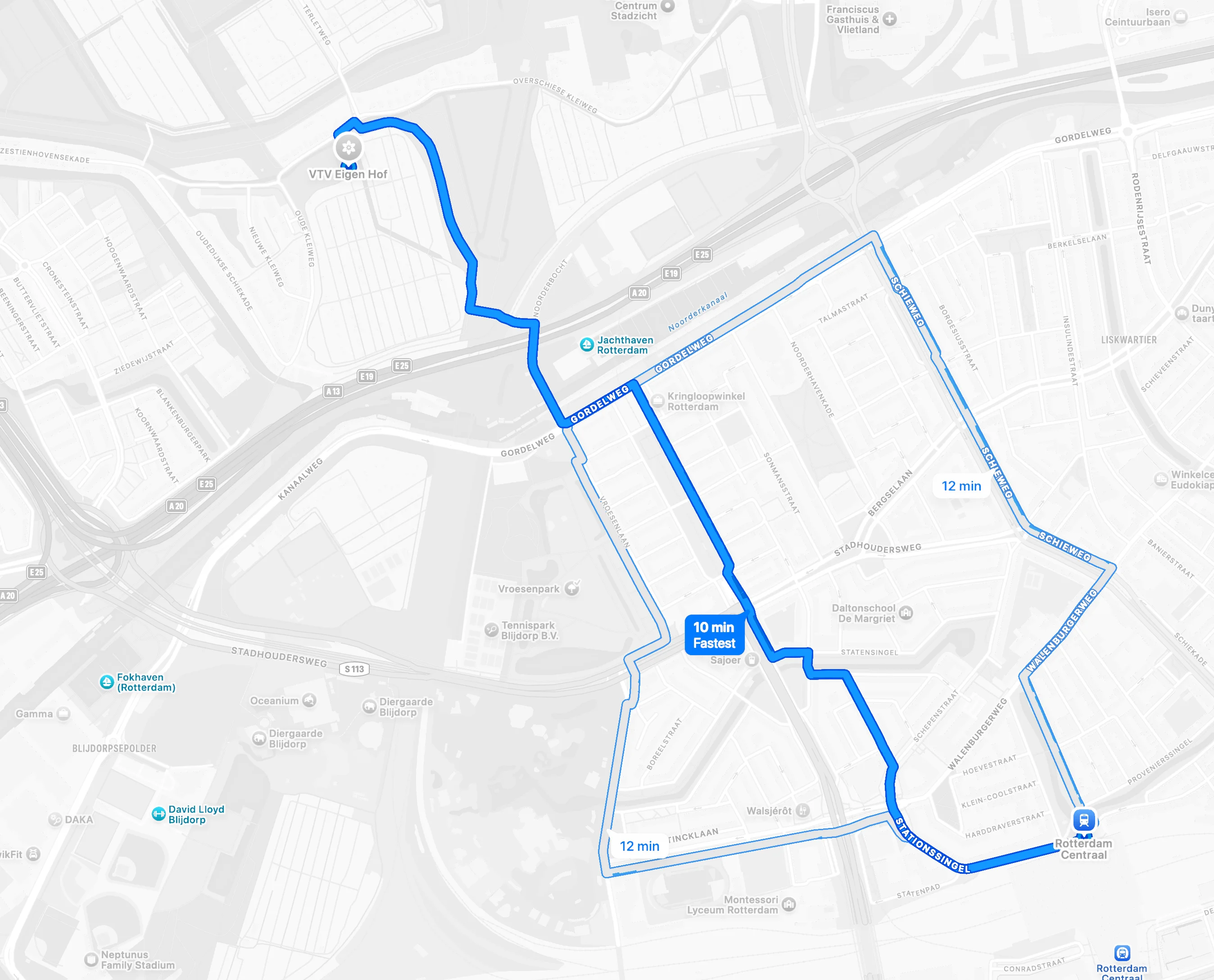 Plattegrond met de fietsroute vanaf Rotterdam Centraal naar VTV Eigen Hof