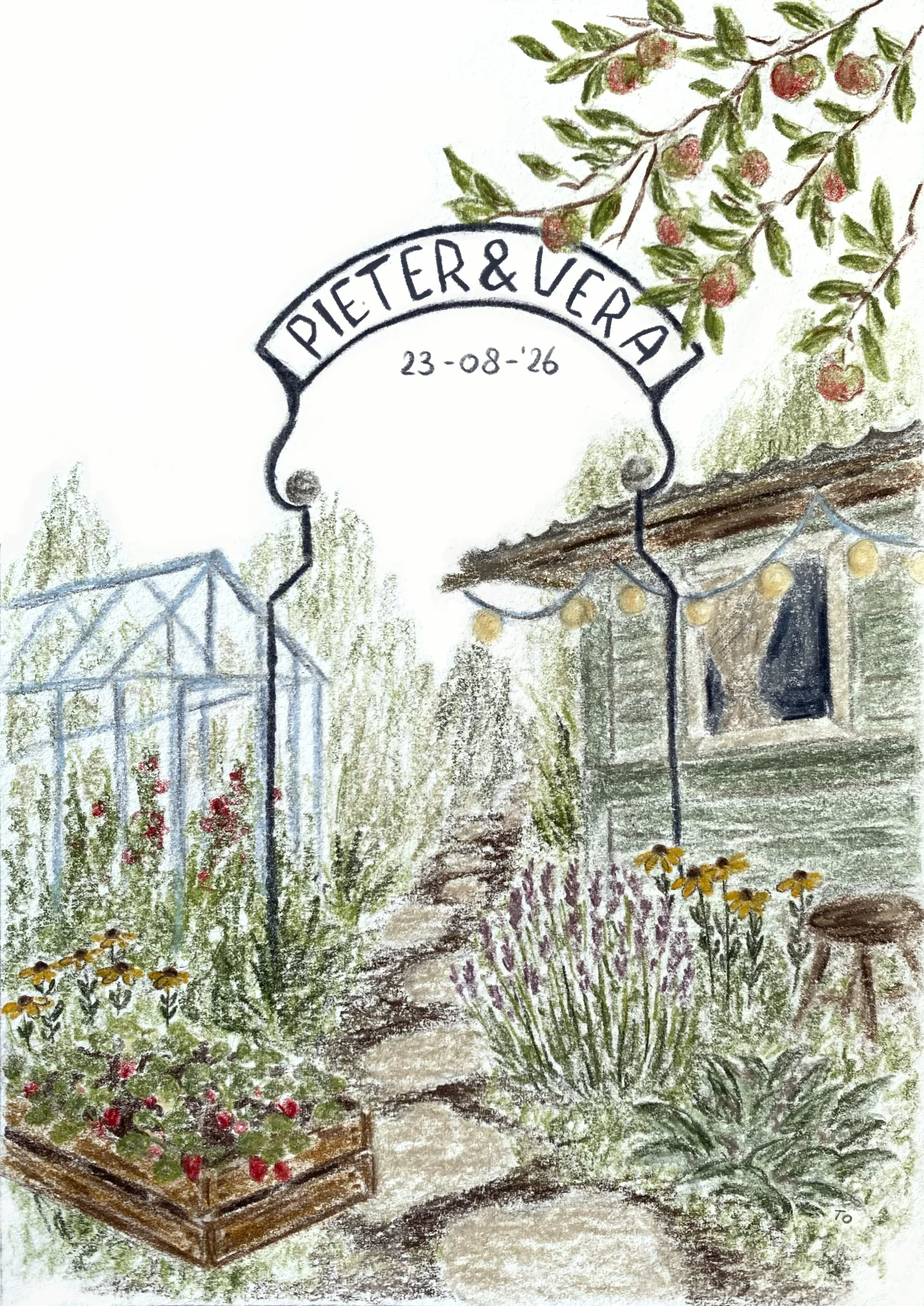 Illustratie van de moestuin trouwlocatie met een gietijzeren poort met de namen Pieter & Vera, 23-08-'26