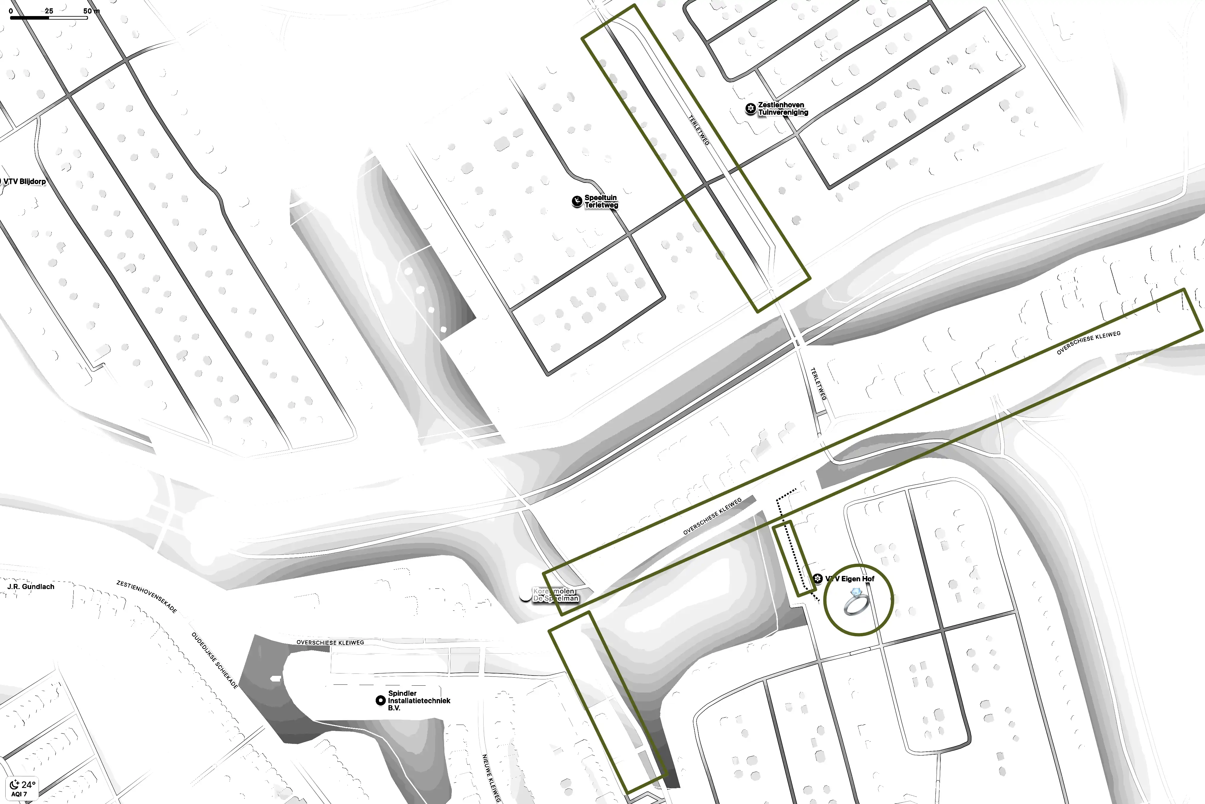 Plattegrond met parkeermogelijkheden bij Terletweg, Overschiese Kleiweg en op het terrein zelf, trouwlocatie gemarkeerd met een ring
